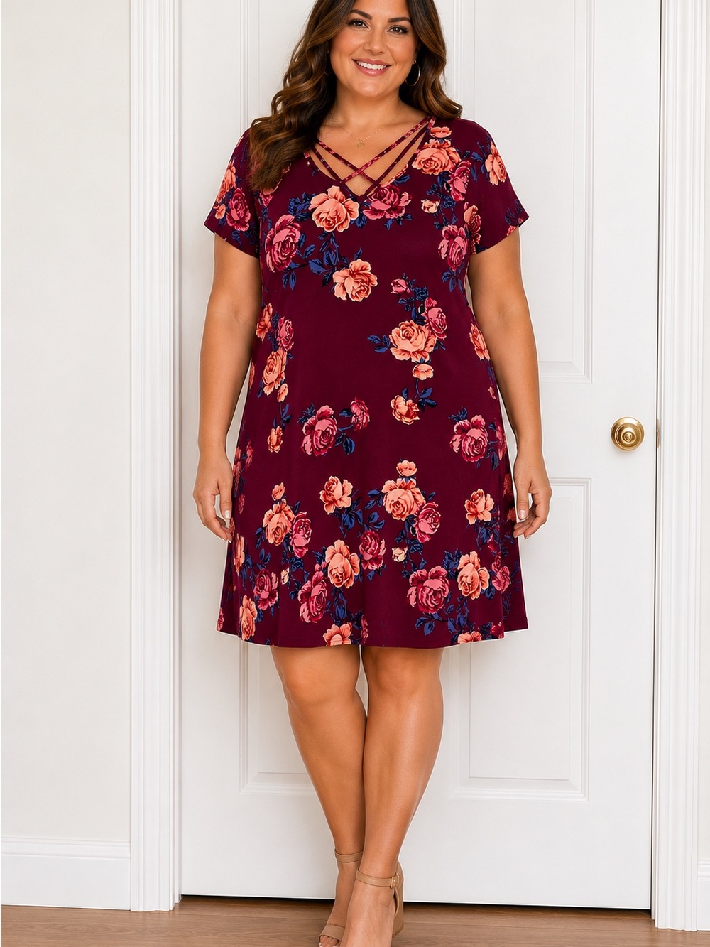 Plus-Size Floral Crisscross  Tshirt Dress- Burgundy, 1x/xl